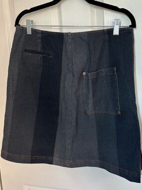 Striped Denim Cotton Blend Mini Skirt with Pockets and Side Pleating Detail